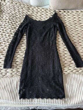 Le Chateau Black Lace Long Sleeve Midi Dress Bodycon Sheer Cocktail Size M